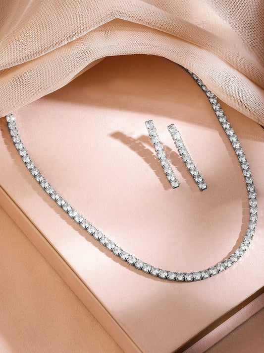 Rubans Rhodium-Plated Sparkling Cubic Zirconia Studded Tennis Statement Necklace Set