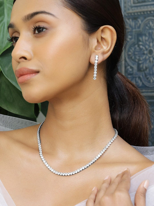 Rubans Rhodium-Plated Sparkling Cubic Zirconia Studded Tennis Statement Necklace Set