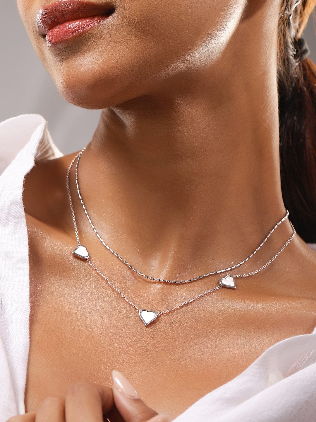 Rubans Rhodium-Plated Stainless Steel Tarnish-Free Waterproof Enamel Heart Layer Necklace