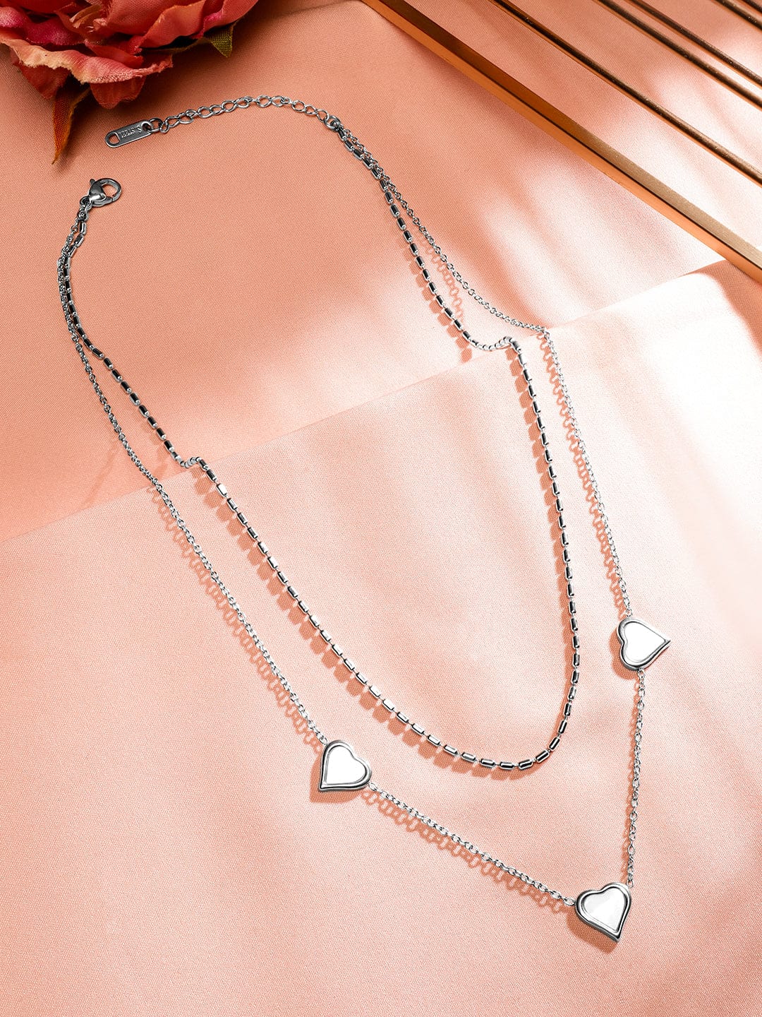 Rubans Rhodium-Plated Stainless Steel Tarnish-Free Waterproof Enamel Heart Layer Necklace