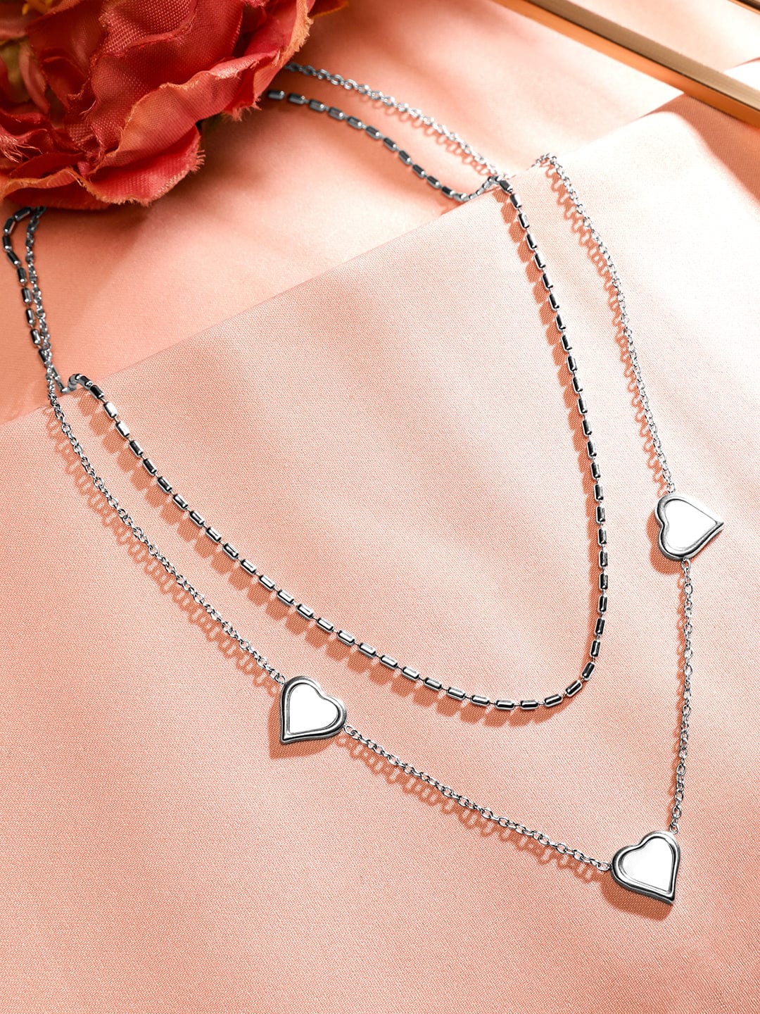 Rubans Rhodium-Plated Stainless Steel Tarnish-Free Waterproof Enamel Heart Layer Necklace