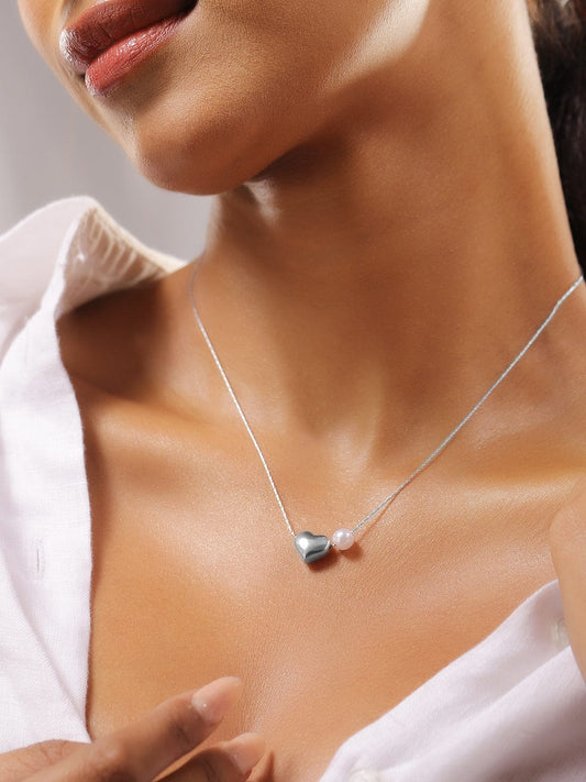 Rubans Rhodium-Plated Stainless Steel Tarnish Free Waterproof Heart & Pearl Pendant Necklace
