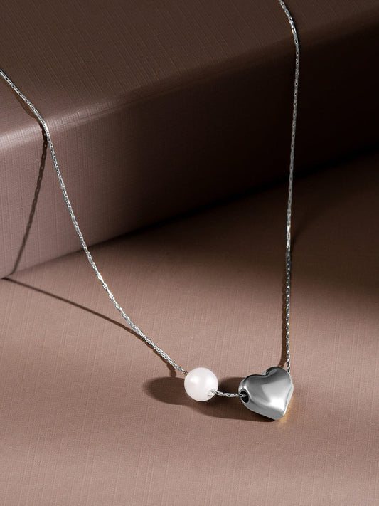 Rubans Rhodium-Plated Stainless Steel Tarnish Free Waterproof Heart & Pearl Pendant Necklace