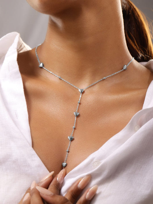 Rubans Rhodium-Plated Stainless Steel Tarnish-Free Waterproof Y-Chain Heart Charm Necklace