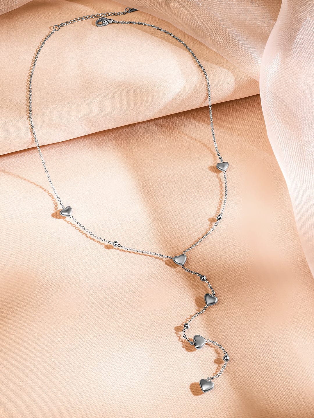 Rubans Rhodium-Plated Stainless Steel Tarnish-Free Waterproof Y-Chain Heart Charm Necklace