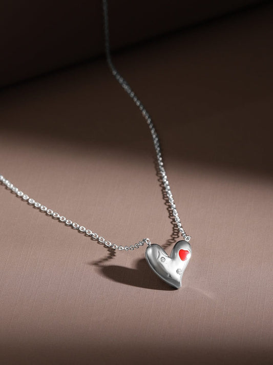 Rubans Rhodium-Plated Stainless Steel Tarnish-Free Waterproof Cubic Zirconia Heart Necklace