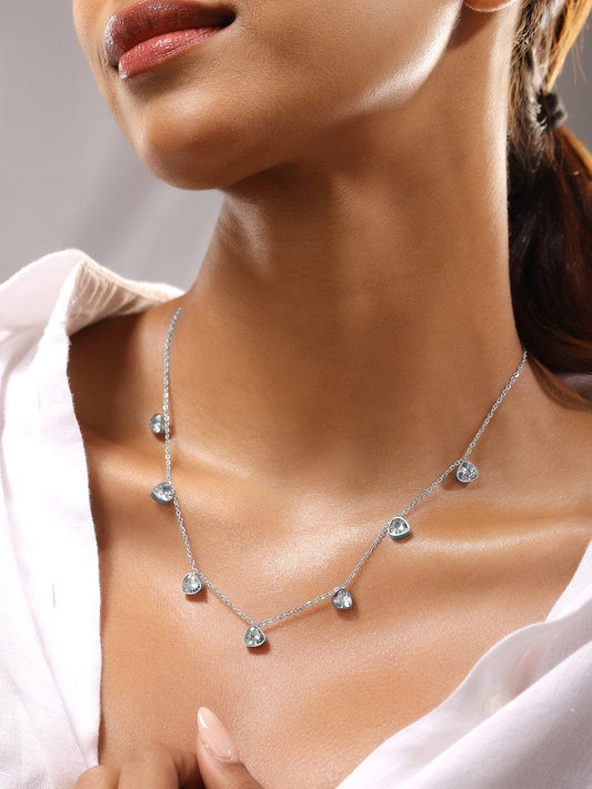 Rubans Rhodium-Plated Stainless Steel TarnishFree Waterproof Zirconia Heart Charm Necklace