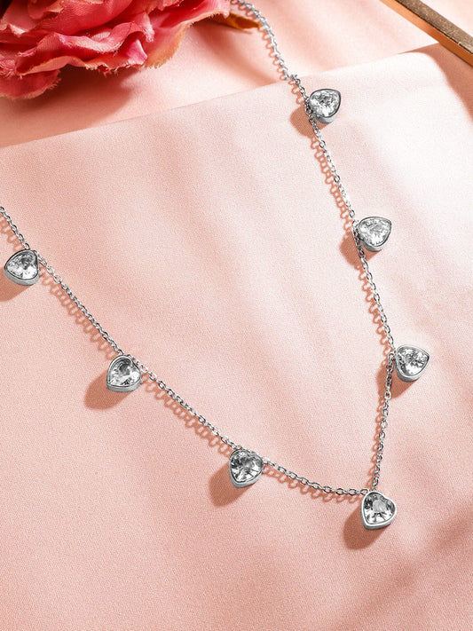 Rubans Rhodium-Plated Stainless Steel TarnishFree Waterproof Zirconia Heart Charm Necklace