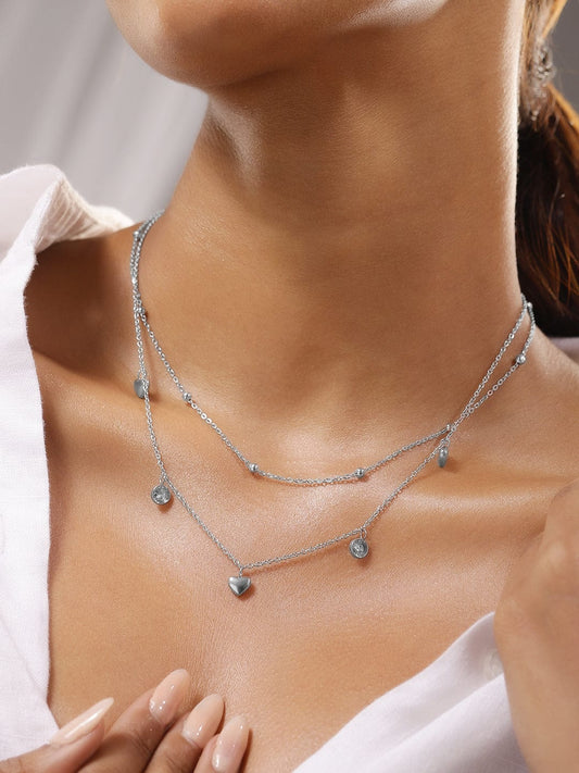 Rubans Rhodium-Plated StainlesSteel TarnishFree Waterproof DoubleLayer Heart & CZ Necklace
