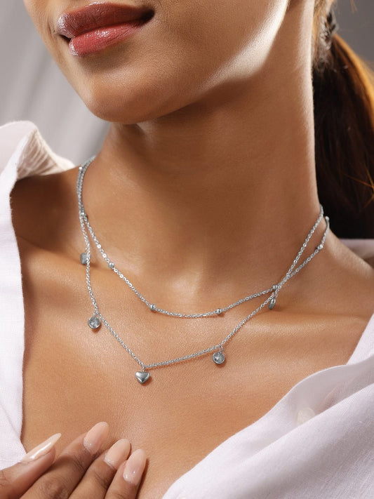 Rubans Rhodium-Plated StainlesSteel TarnishFree Waterproof DoubleLayer Heart & CZ Necklace