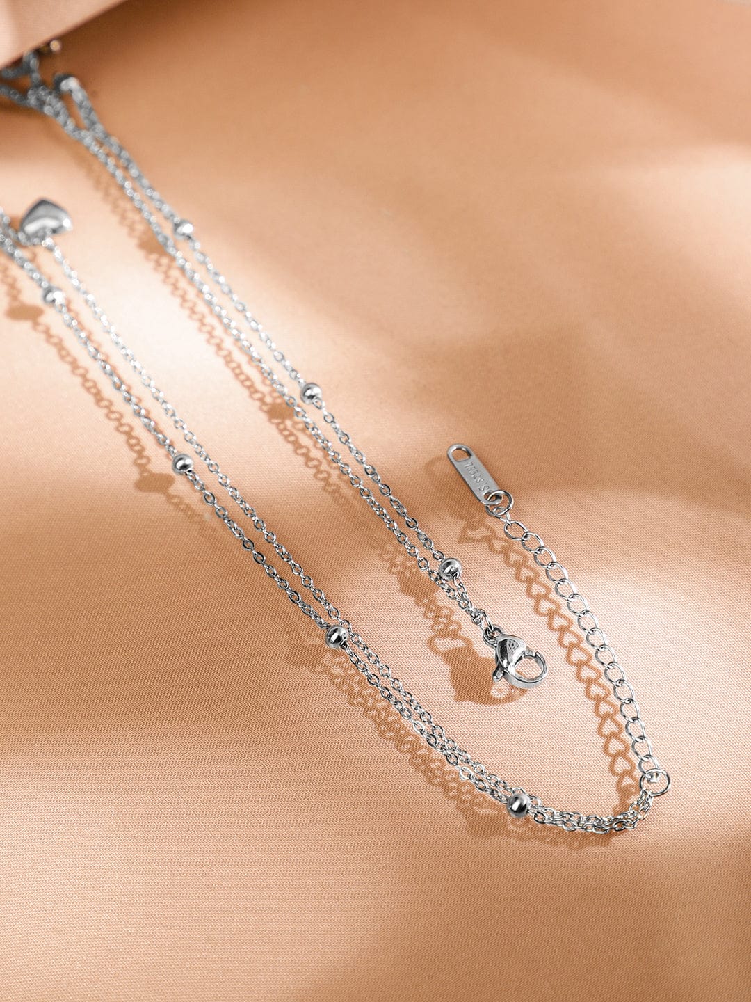 Rubans Rhodium-Plated StainlesSteel TarnishFree Waterproof DoubleLayer Heart & CZ Necklace