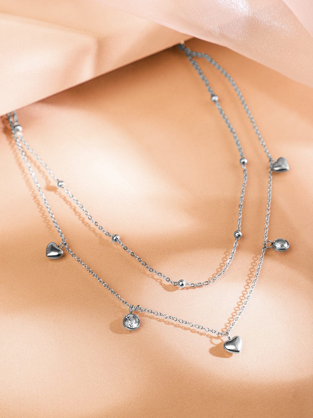 Rubans Rhodium-Plated StainlesSteel TarnishFree Waterproof DoubleLayer Heart & CZ Necklace