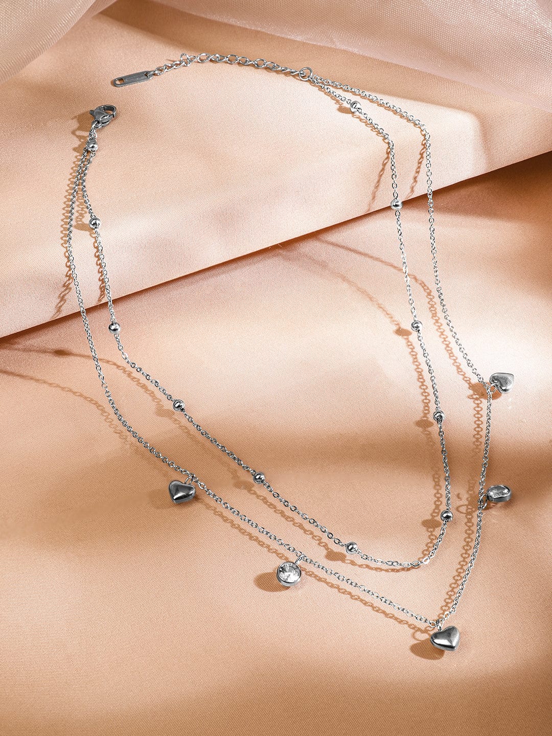 Rubans Rhodium-Plated StainlesSteel TarnishFree Waterproof DoubleLayer Heart & CZ Necklace