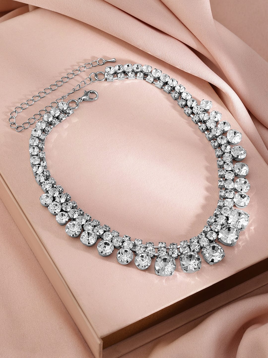 Rubans Rhodium-Plated Teardrop Crystal Stone Studded Necklace