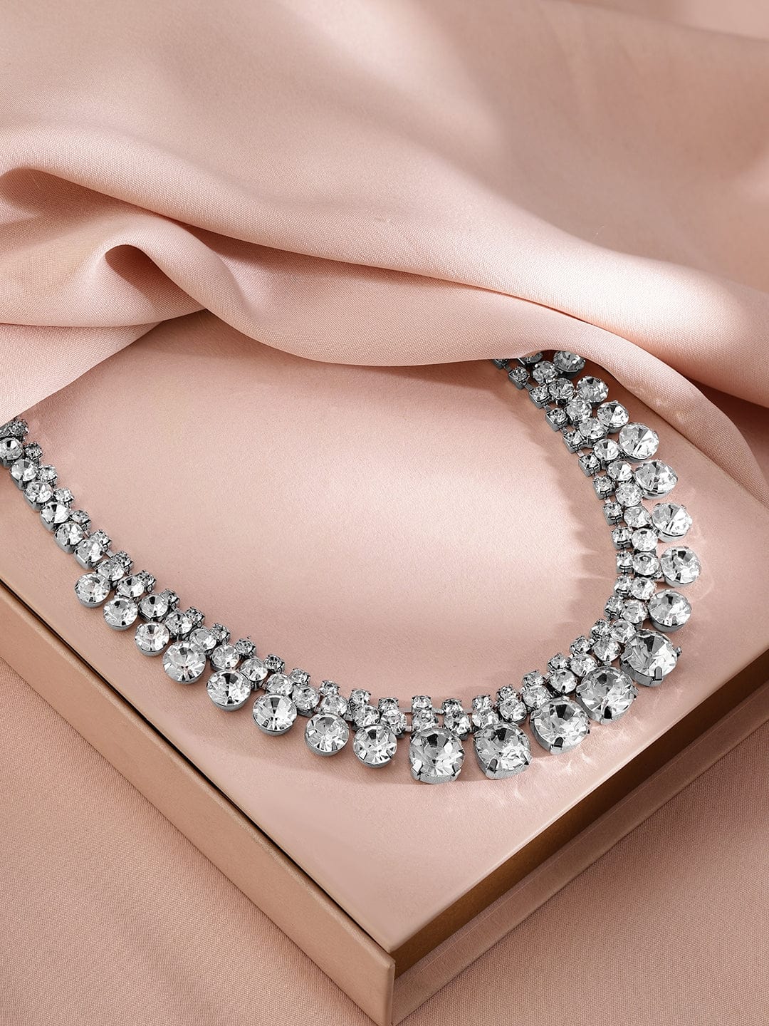 Rubans Rhodium-Plated Teardrop Crystal Stone Studded Necklace
