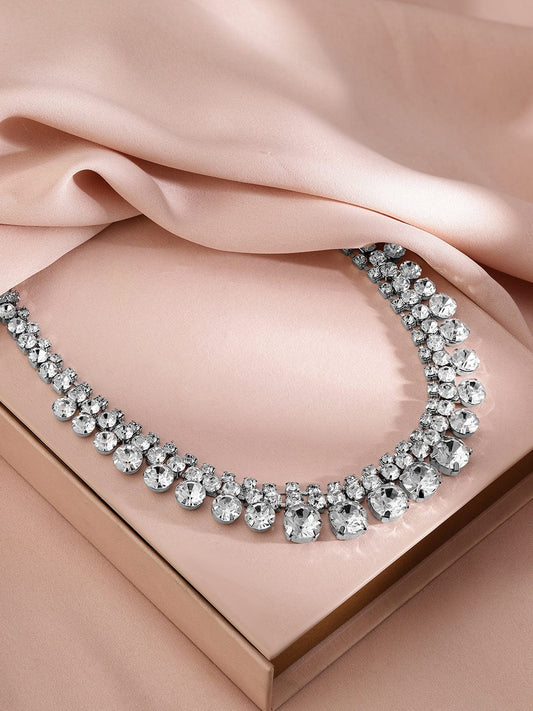 Rubans Rhodium-Plated Teardrop Crystal Stone Studded Necklace