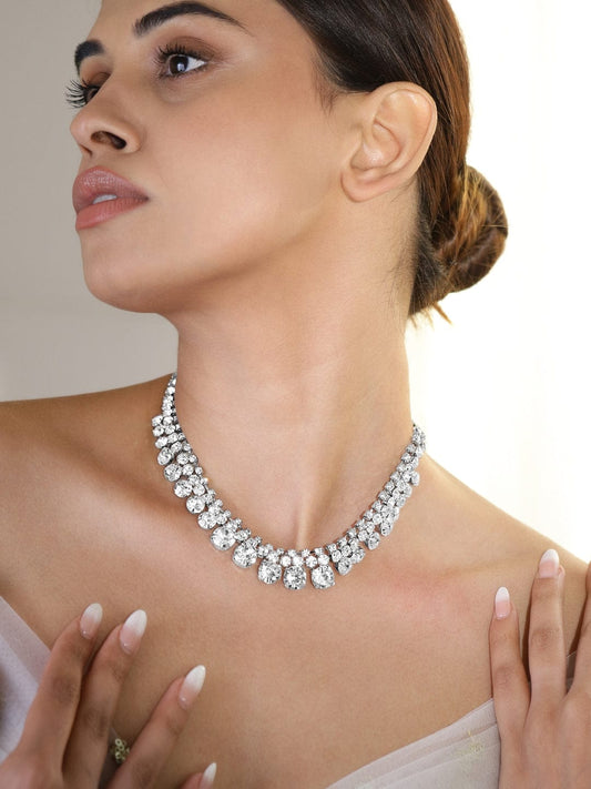 Rubans Rhodium-Plated Teardrop Crystal Stone Studded Necklace