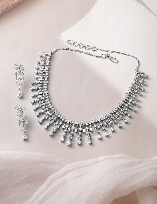 Rubans Rhodium-Plated White AD & Cubic Zirconia Studded Premium Necklace Jewellery Set