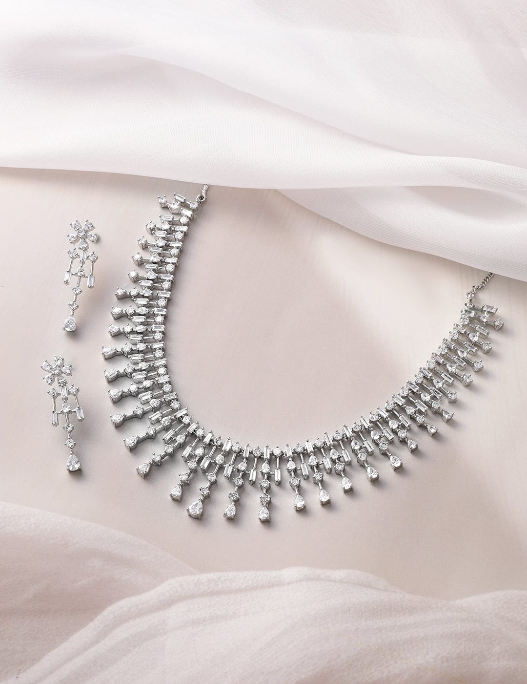 Rubans Rhodium-Plated White AD & Cubic Zirconia Studded Premium Necklace Jewellery Set