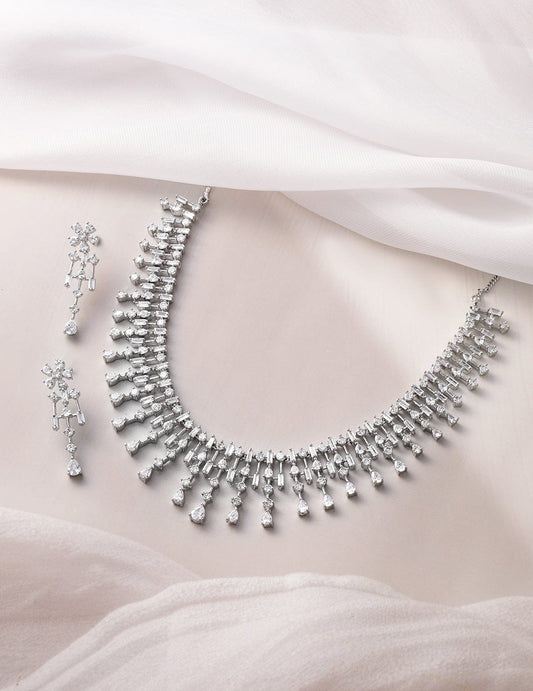 Rubans Rhodium-Plated White AD & Cubic Zirconia Studded Premium Necklace Jewellery Set