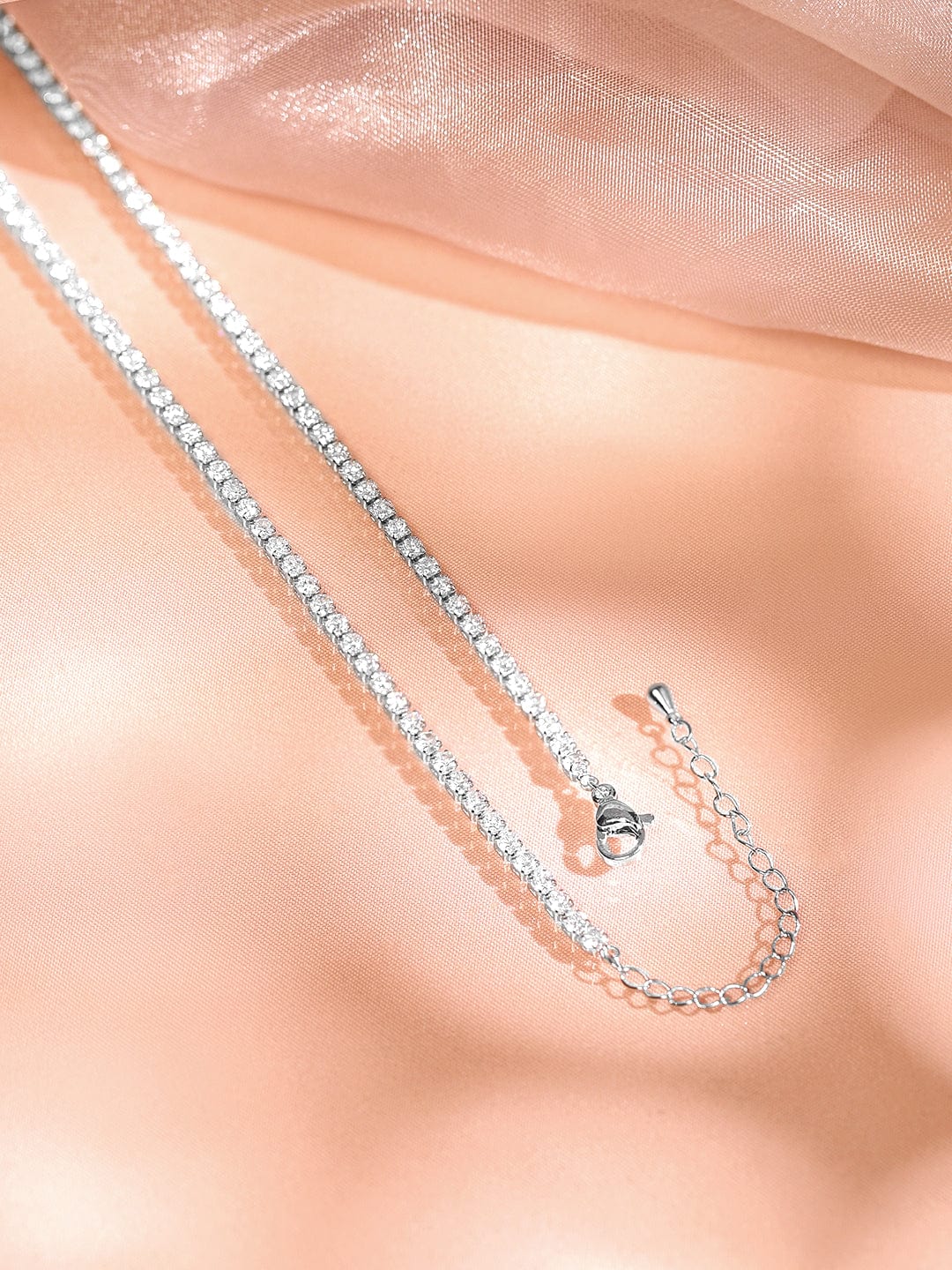 Rubans Rhodium-Plated White Cubic Zirconia Studded Classic Tennis Necklace