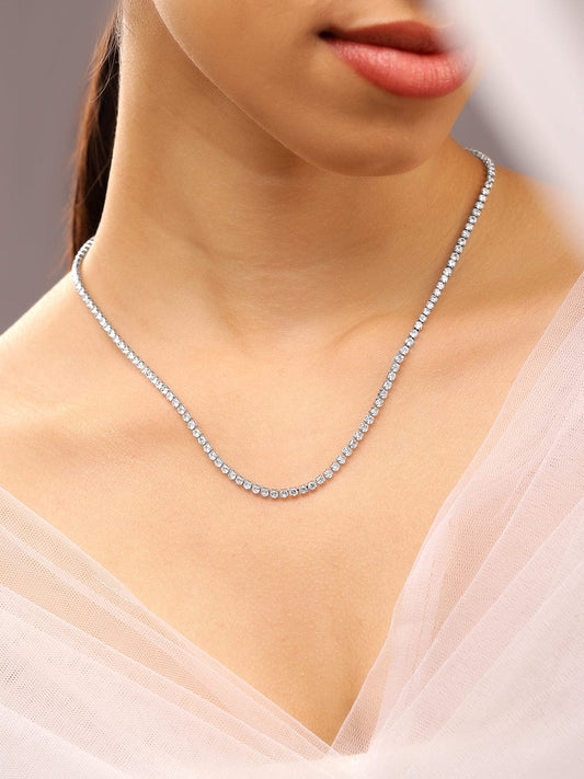 Rubans Rhodium-Plated White Cubic Zirconia Studded Classic Tennis Necklace