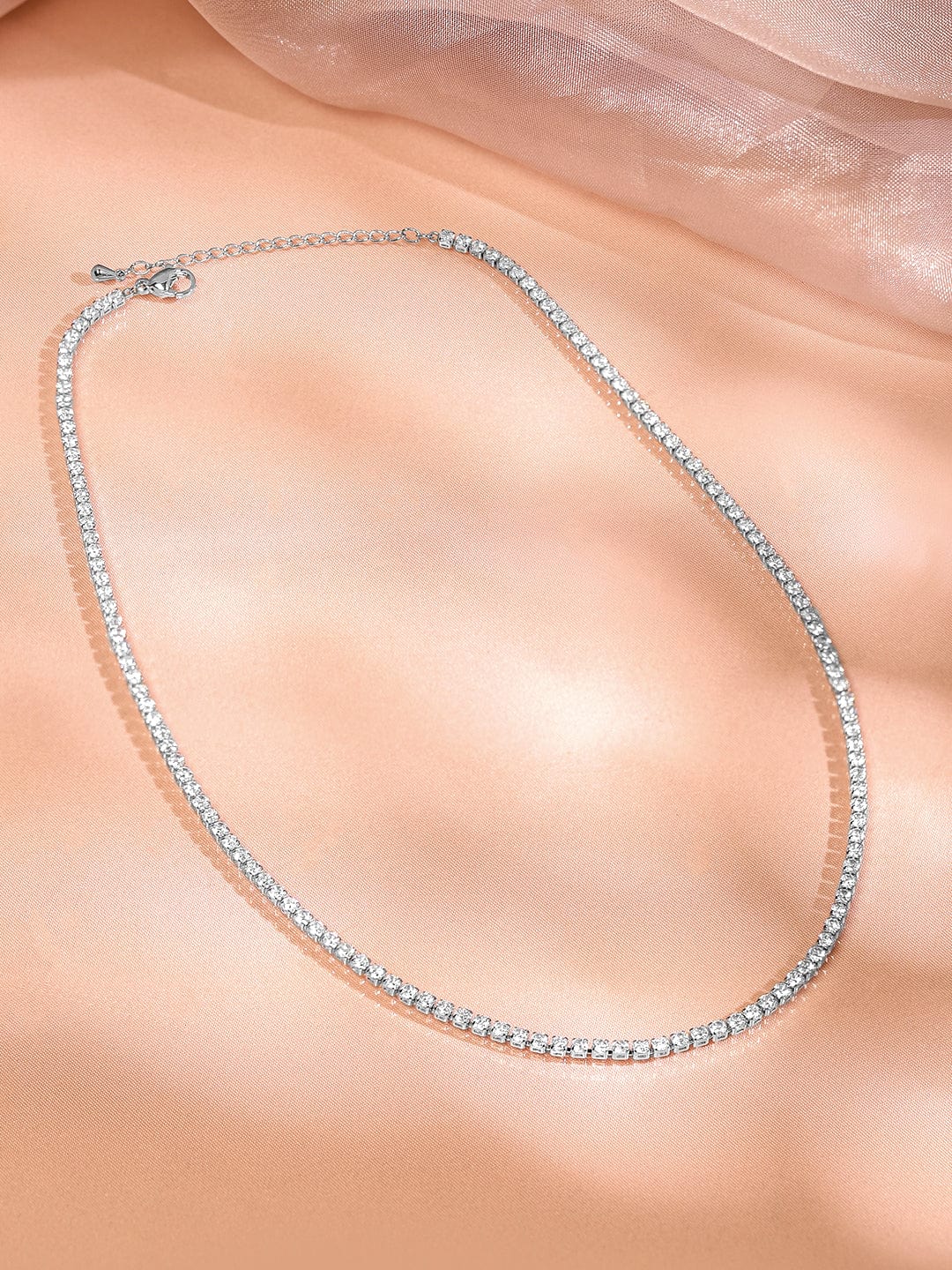 Rubans Rhodium-Plated White Cubic Zirconia Studded Classic Tennis Necklace