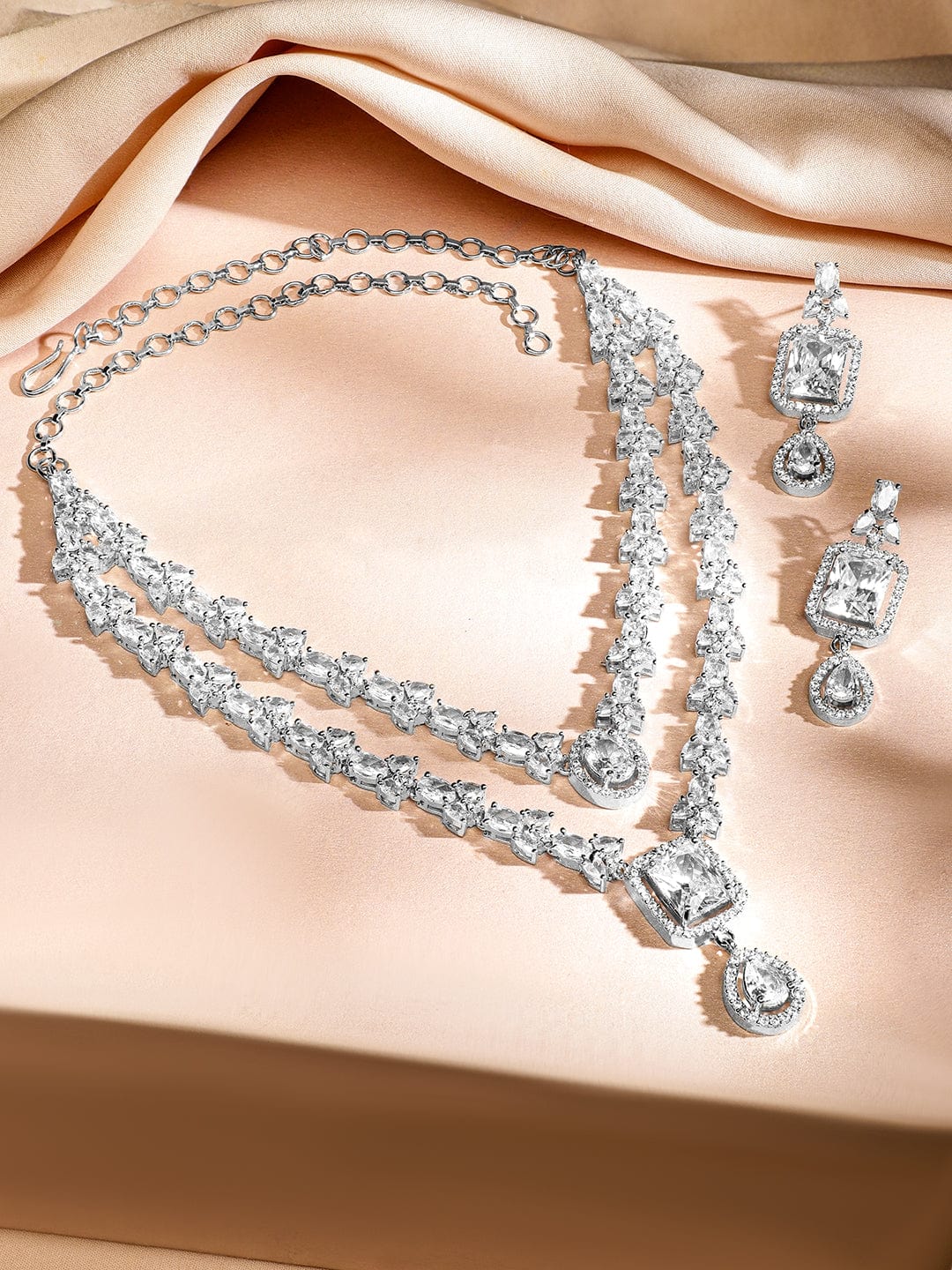 Rubans Rhodium-Plated White Cubic Zirconia Studded Luxe Double-Layer Necklace Set