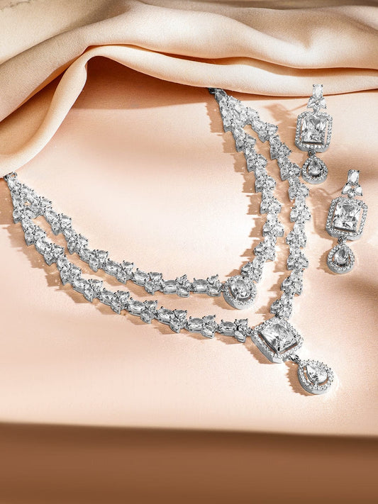 Rubans Rhodium-Plated White Cubic Zirconia Studded Luxe Double-Layer Necklace Set