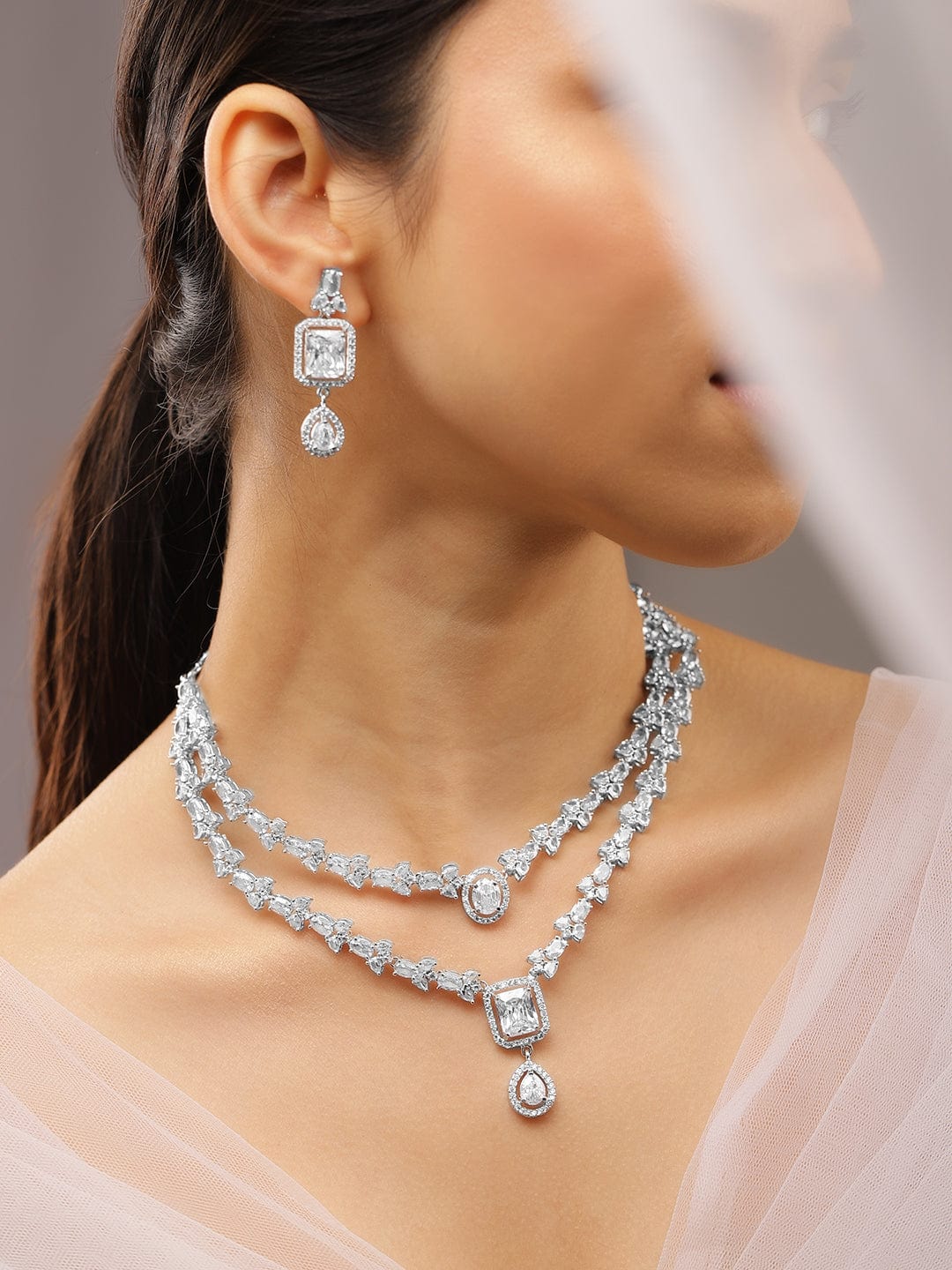 Rubans Rhodium-Plated White Cubic Zirconia Studded Luxe Double-Layer Necklace Set