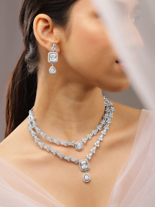 Rubans Rhodium-Plated White Cubic Zirconia Studded Luxe Double-Layer Necklace Set