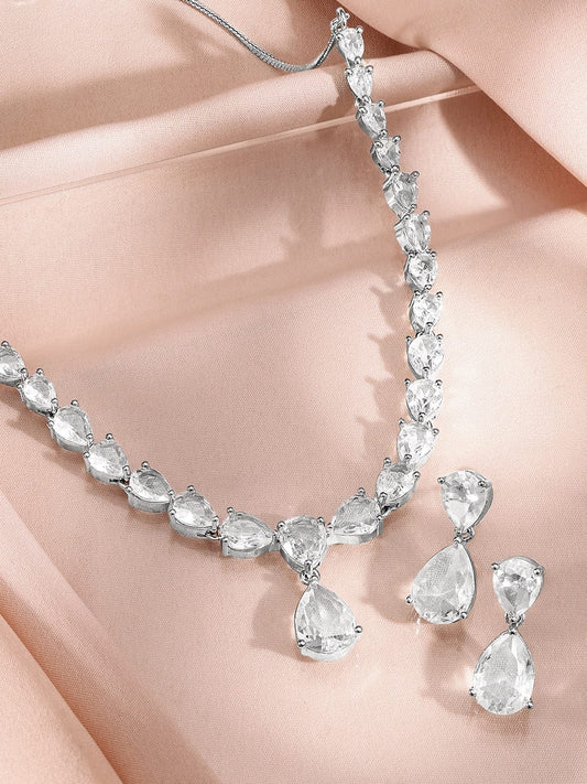 Rubans Rhodium-Plated White Cubic Zirconia Studded Statement Necklace Set