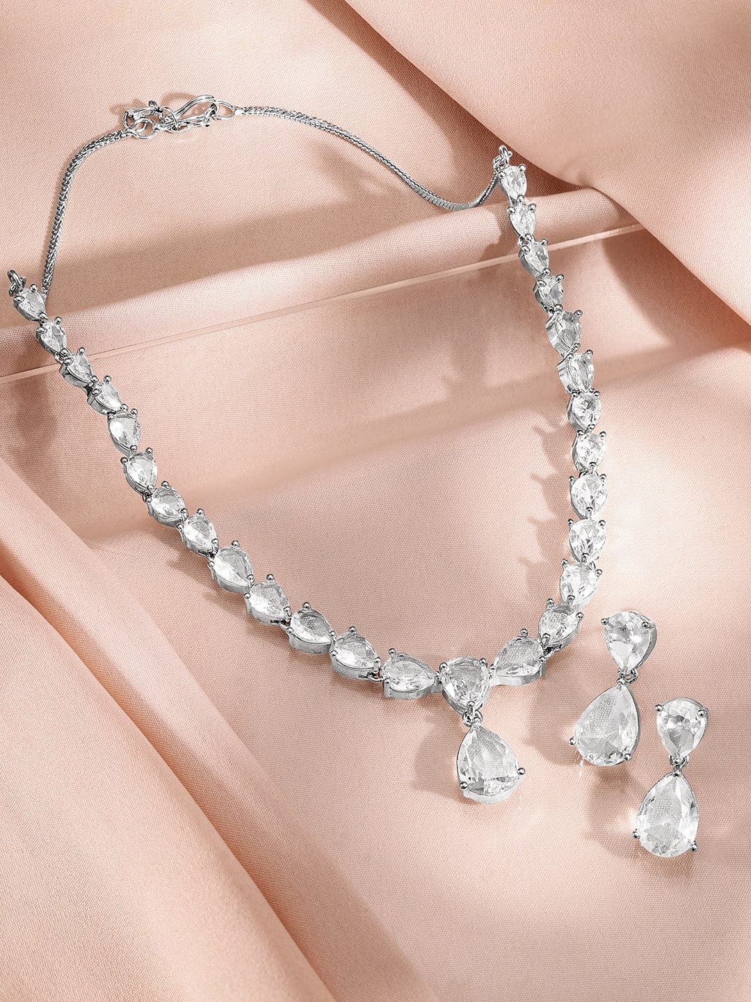 Rubans Rhodium-Plated White Cubic Zirconia Studded Statement Necklace Set