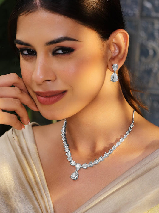 Rubans Rhodium-Plated White Cubic Zirconia Studded Statement Necklace Set