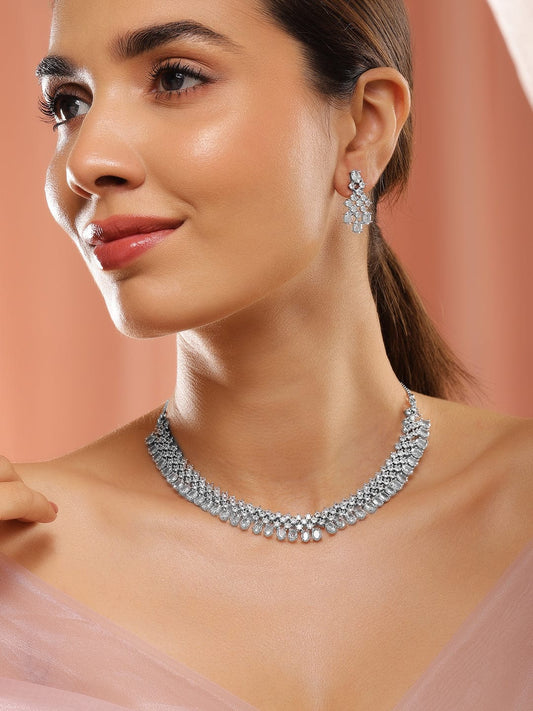 Rubans Rhodium-Plated White Cubic Zirconia Studded Statement Necklace Set