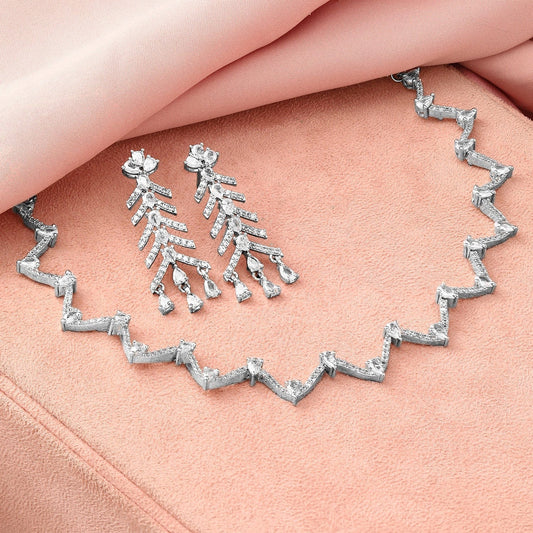 Rubans Rhodium-Plated White Cubic Zirconia Zigzag Design Necklace Set with Drop Earrings