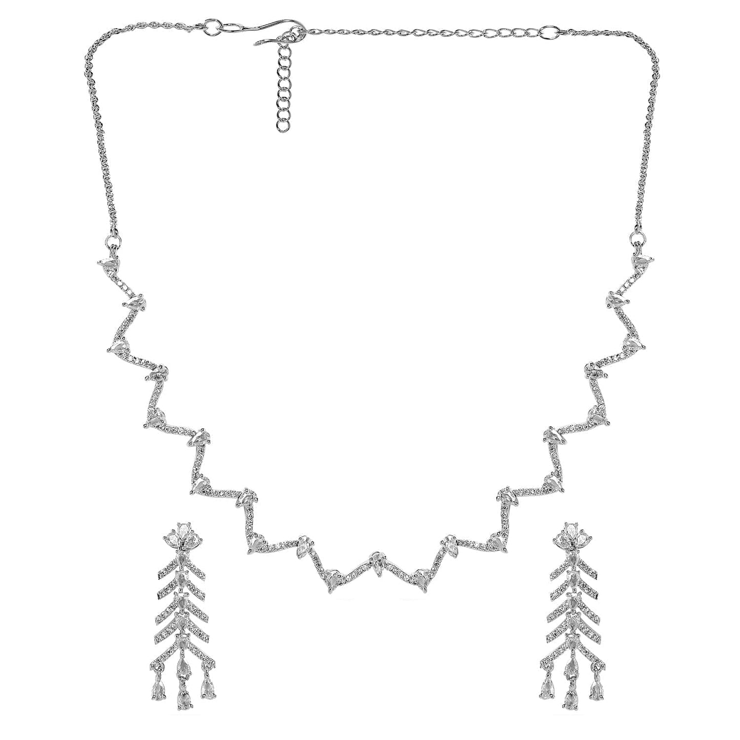 Rubans Rhodium-Plated White Cubic Zirconia Zigzag Design Necklace Set with Drop Earrings