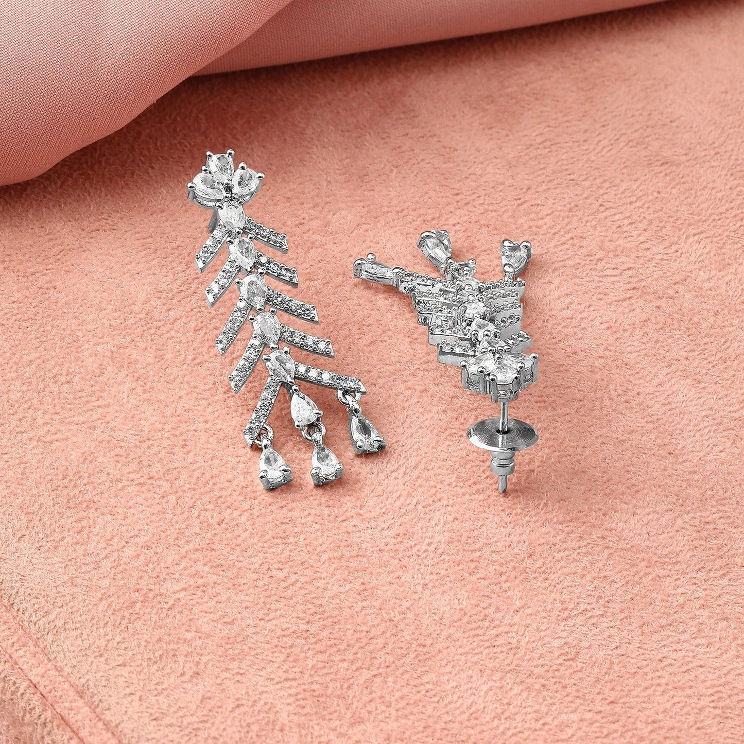 Rubans Rhodium-Plated White Cubic Zirconia Zigzag Design Necklace Set with Drop Earrings