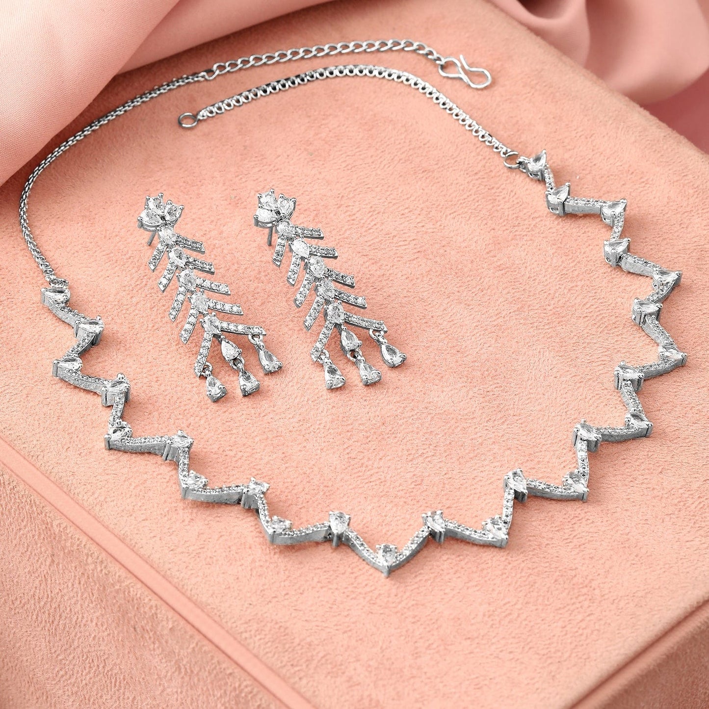 Rubans Rhodium-Plated White Cubic Zirconia Zigzag Design Necklace Set with Drop Earrings