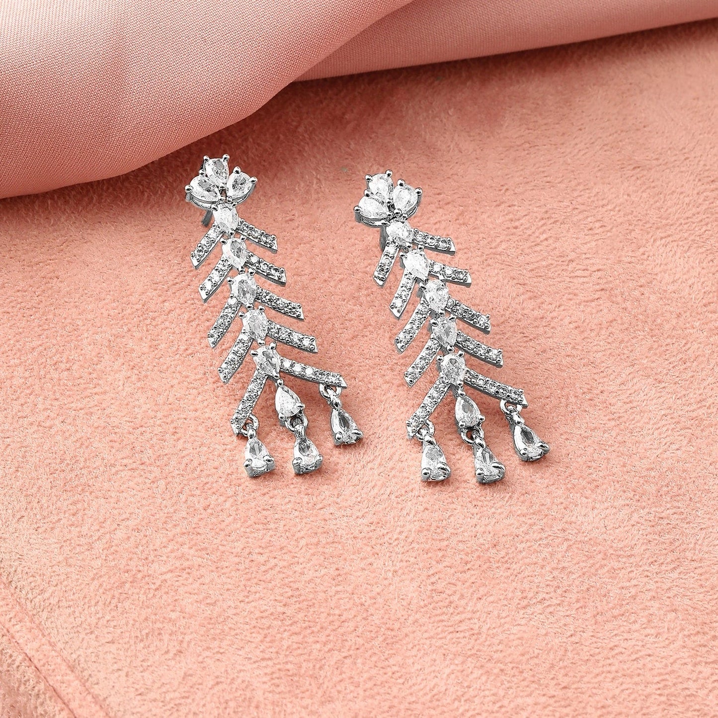 Rubans Rhodium-Plated White Cubic Zirconia Zigzag Design Necklace Set with Drop Earrings