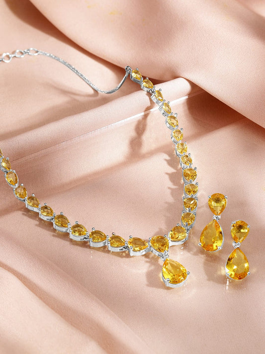 Rubans Rhodium-Plated Yellow Sapphire AD & Cubic Zirconia Studded Necklace Set