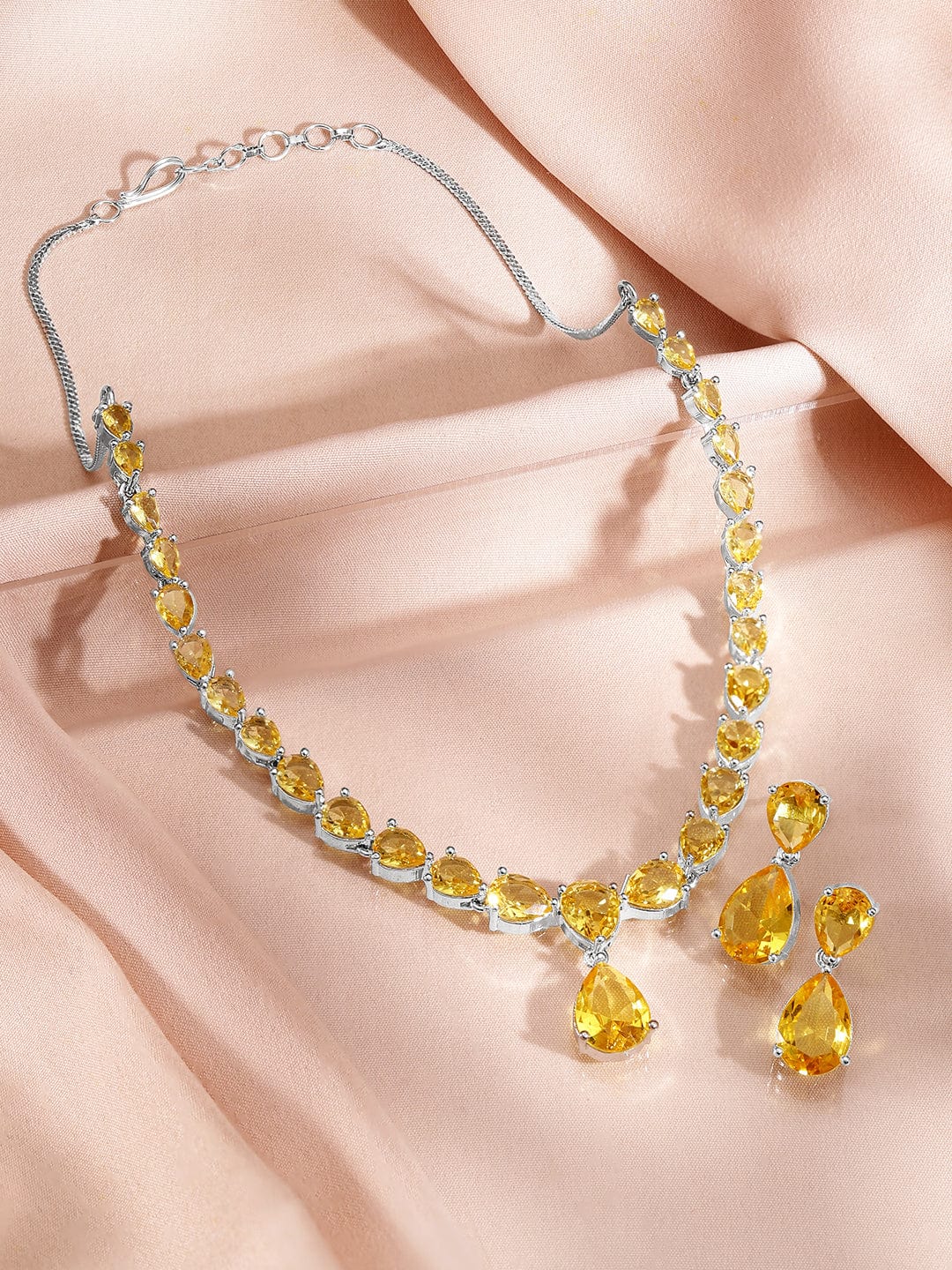 Rubans Rhodium-Plated Yellow Sapphire AD & Cubic Zirconia Studded Necklace Set