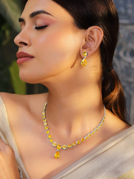 Rubans Rhodium-Plated Yellow Sapphire AD & Cubic Zirconia Studded Necklace Set