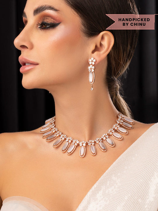 Rubans Rose Gold Plated White Beads American Diamond Necklace Set.