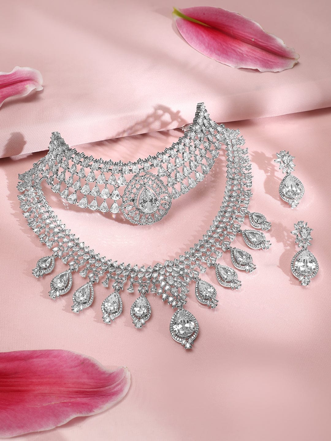 Rubans Set of 2 Silver-Plated AAA Cubic Zirconia Studded Dual-Layer Choker & Necklace Set