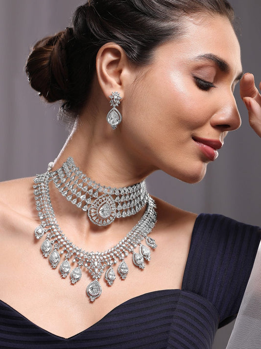 Rubans Set of 2 Silver-Plated AAA Cubic Zirconia Studded Dual-Layer Choker & Necklace Set