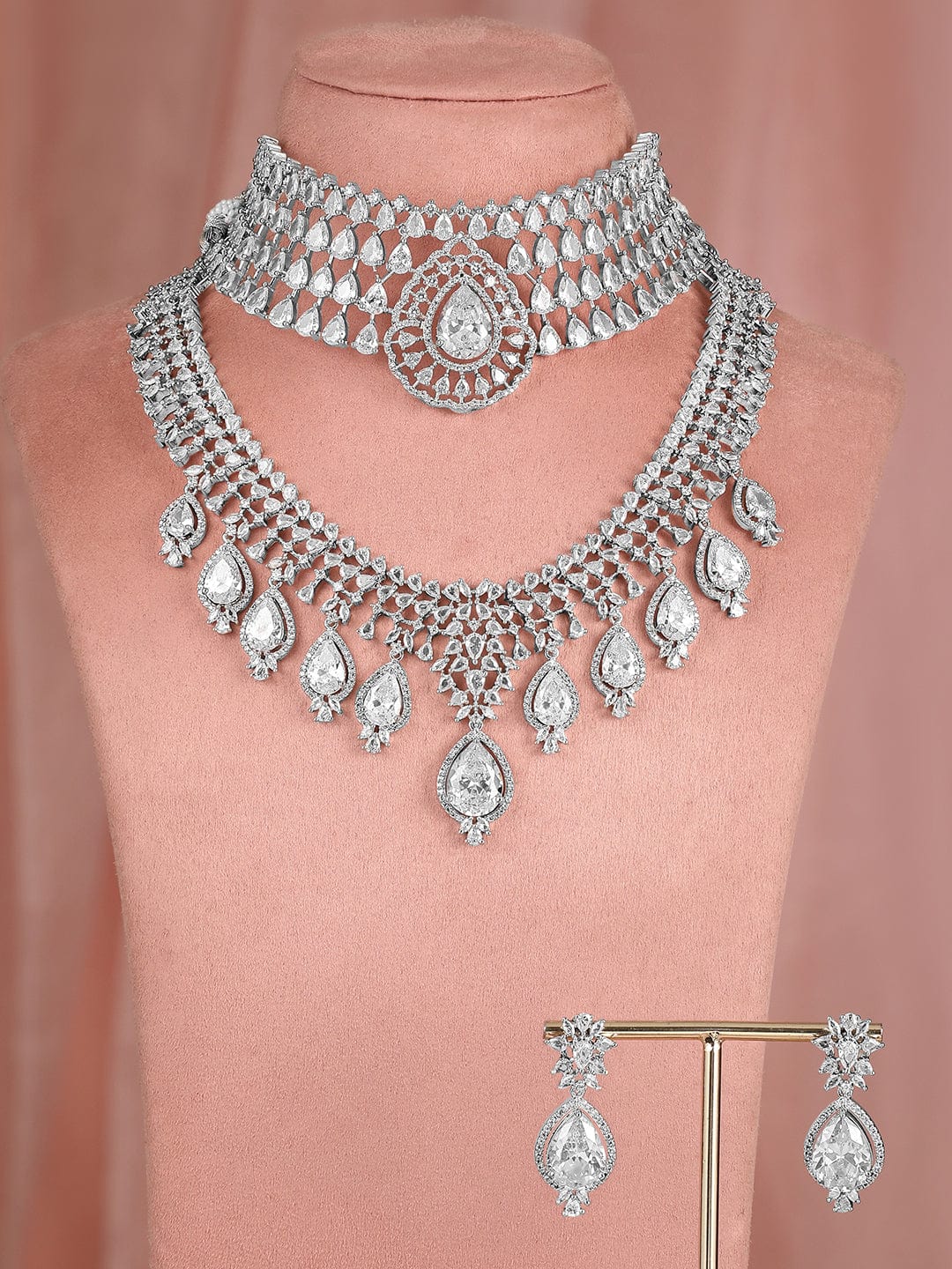 Rubans Set of 2 Silver-Plated AAA Cubic Zirconia Studded Dual-Layer Choker & Necklace Set