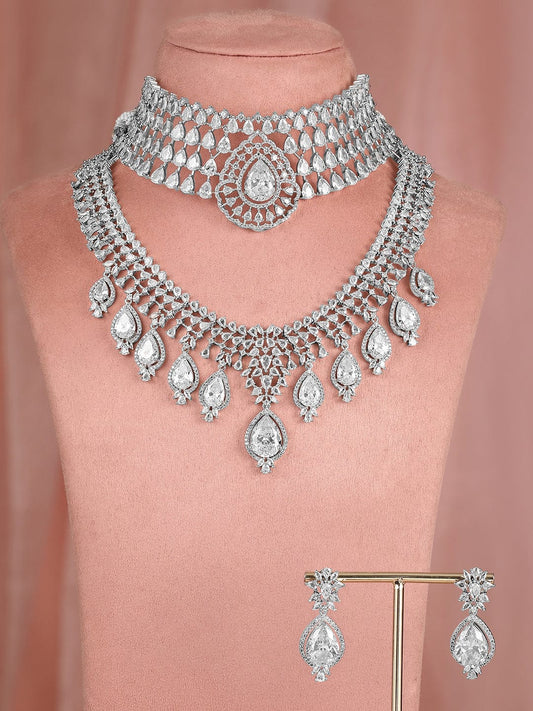 Rubans Set of 2 Silver-Plated AAA Cubic Zirconia Studded Dual-Layer Choker & Necklace Set
