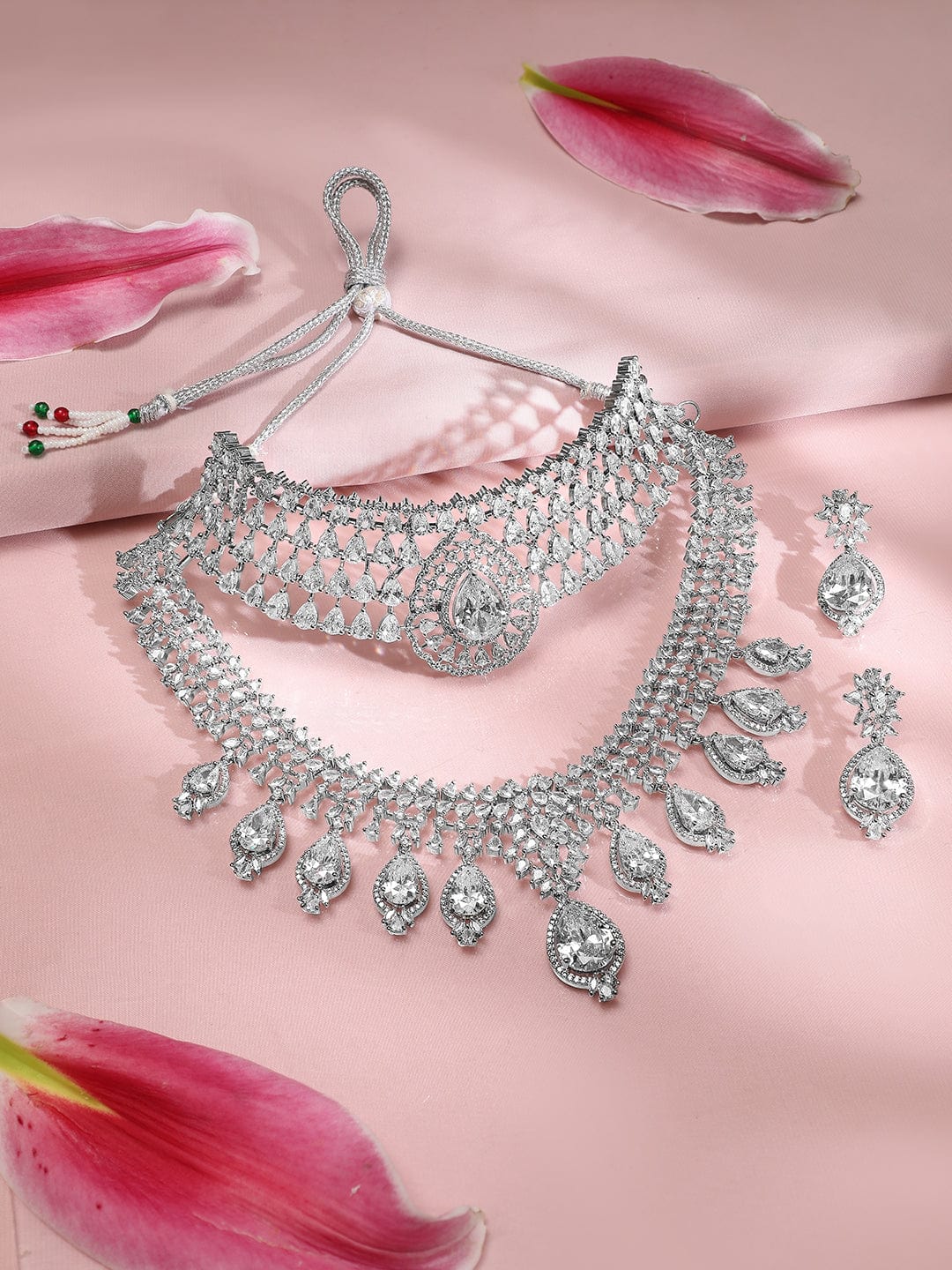 Rubans Set of 2 Silver-Plated AAA Cubic Zirconia Studded Dual-Layer Choker & Necklace Set