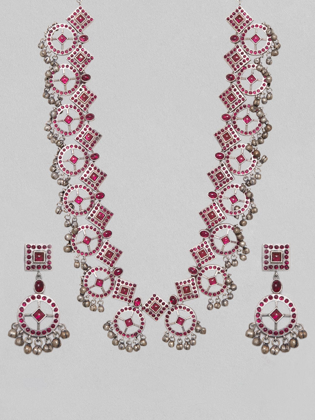 Rubans Silver Oxidised Necklace Set With Studded Pink Stones